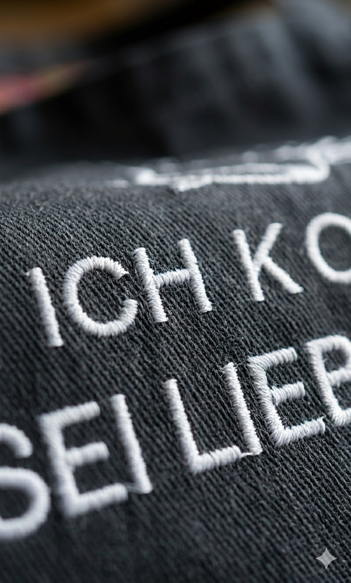 Latzschürze Mischgewebe mit Dirkekteinstickung Sei lieb zu mir ich koche dein Essen!!!